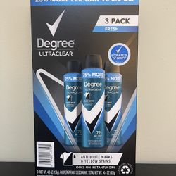 3 Pk Degree Ultra clear Deodorant Spray 4.8 oz Each Fresh Scent Anti White Stain