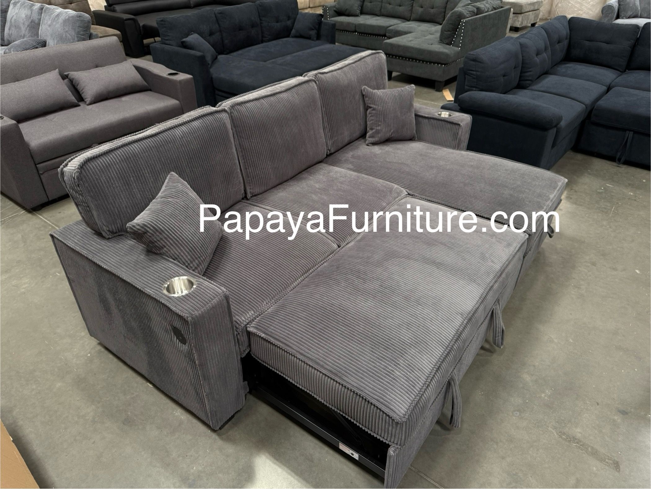 New! 89”L Reversible Grey corduroy Sectional Sofa Bed, Sectional Sofa Bed, Grey Sofa, Sleeper Sofa, Grey Couch, Reversible Sectional, Sectional Sofa W