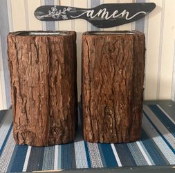 Rustic Faux Tree Bark Log Planters / Candle Holders – Set of 2