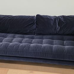 Navy Blue Velvet Tufted Sofa w/ Bolster Pillows