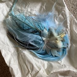 French Hair Barrette with Leather Leaves and Light Blue Plumage