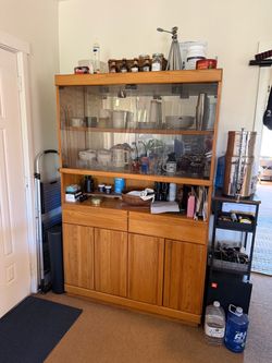 Oak Wood China Cabinet Hutch with Glass Doors - Priced to move!