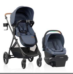 Evenflo Shyft Intuiti+ Travel System Featuring Revolve180 LiteMax NXT Preemie And Infant Car Seat With SensorySoothe And Green & Gentle (Flint)