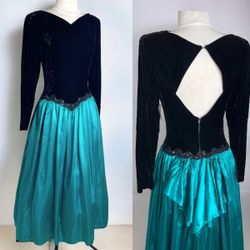 Vintage 80s Gothic Glam Scott McClintock Dress 6 Teal Taffeta & Velvet Prom Formal