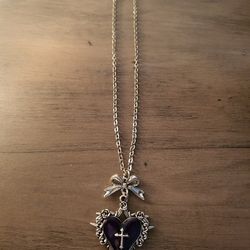 Purple and silver heart cross necklace with a touch of gothic charm