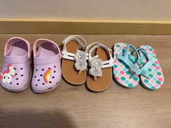 Shoes for girl Size 8. Sandals, crocs, Carter’s