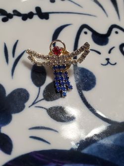 Vintage Patriotic Angel With Red White Blue Stone Tac Pin Guardian Halo