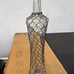 Glass bottle or decorative vase wrapped in wire mesh