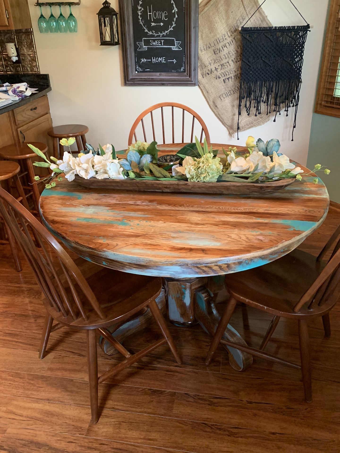 rustic painted wooden table with leaf and chairs