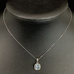 Sterling Silver Cubic Zirconia Halo Blue Topaz Necklace 18” 