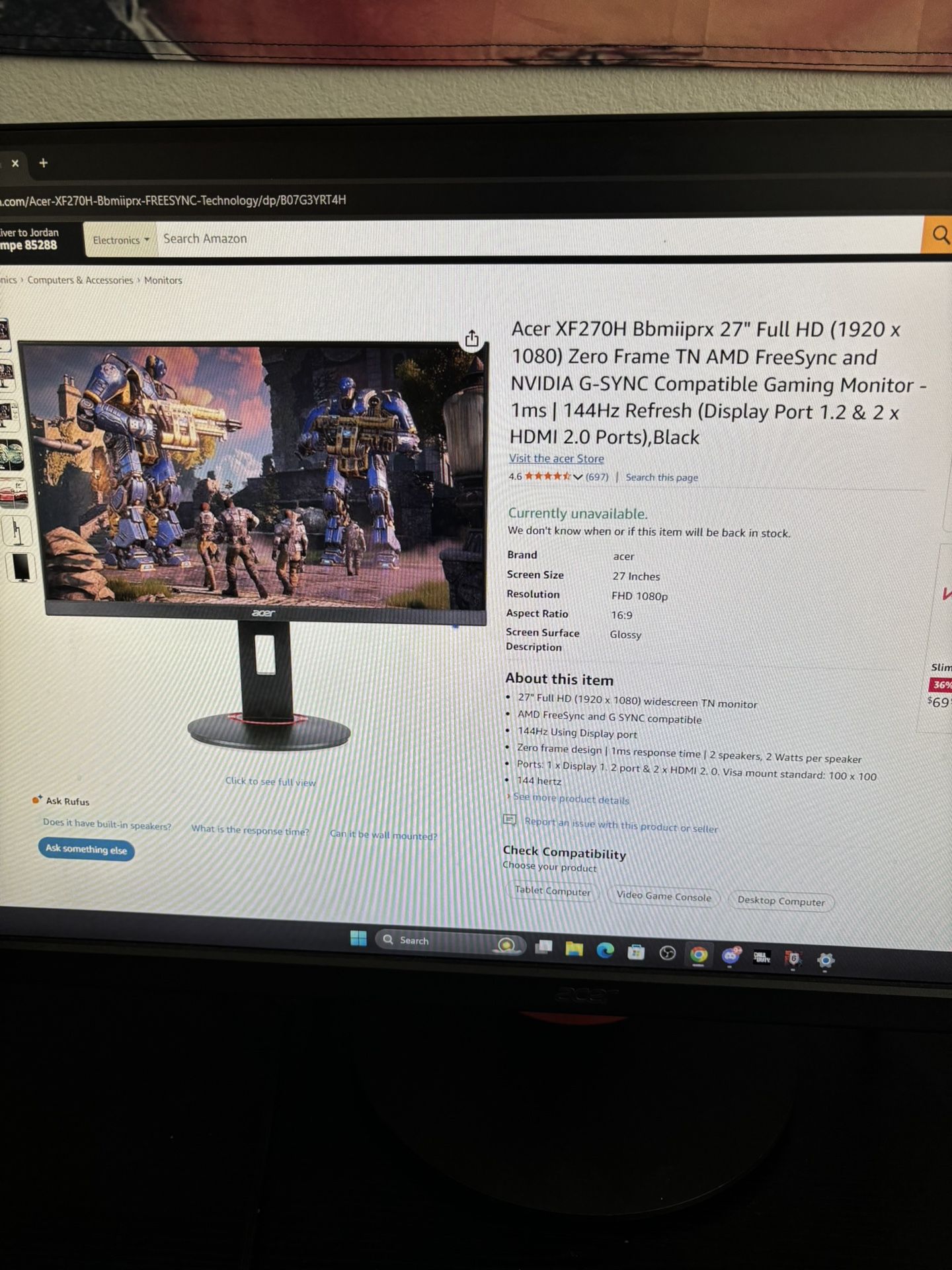 Acer 27 Inch 144hz, 1ms, Gaming Monitor