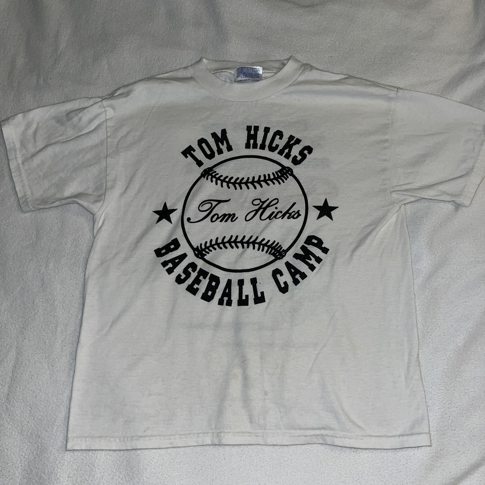 Tom Hicks baseball camp white shirt tee boys kids medium 10 12 A005