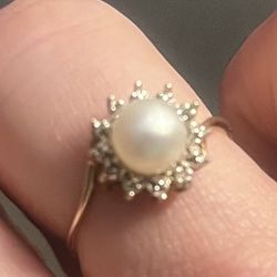 14k Pearl Encrusted With Diamonds Vintage Cocktail Ring