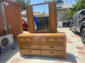 Vintage Rattan-Panel Dresser w/ Mirror - Solid Wood (pickup or delivery)