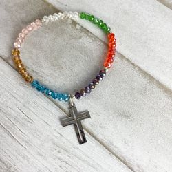 Crystal Bracelet with Silver Ball and Rectangular Cross Charm. Color of the 7 archangels