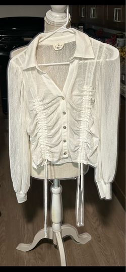 White Ruched Button-Up Blouse
