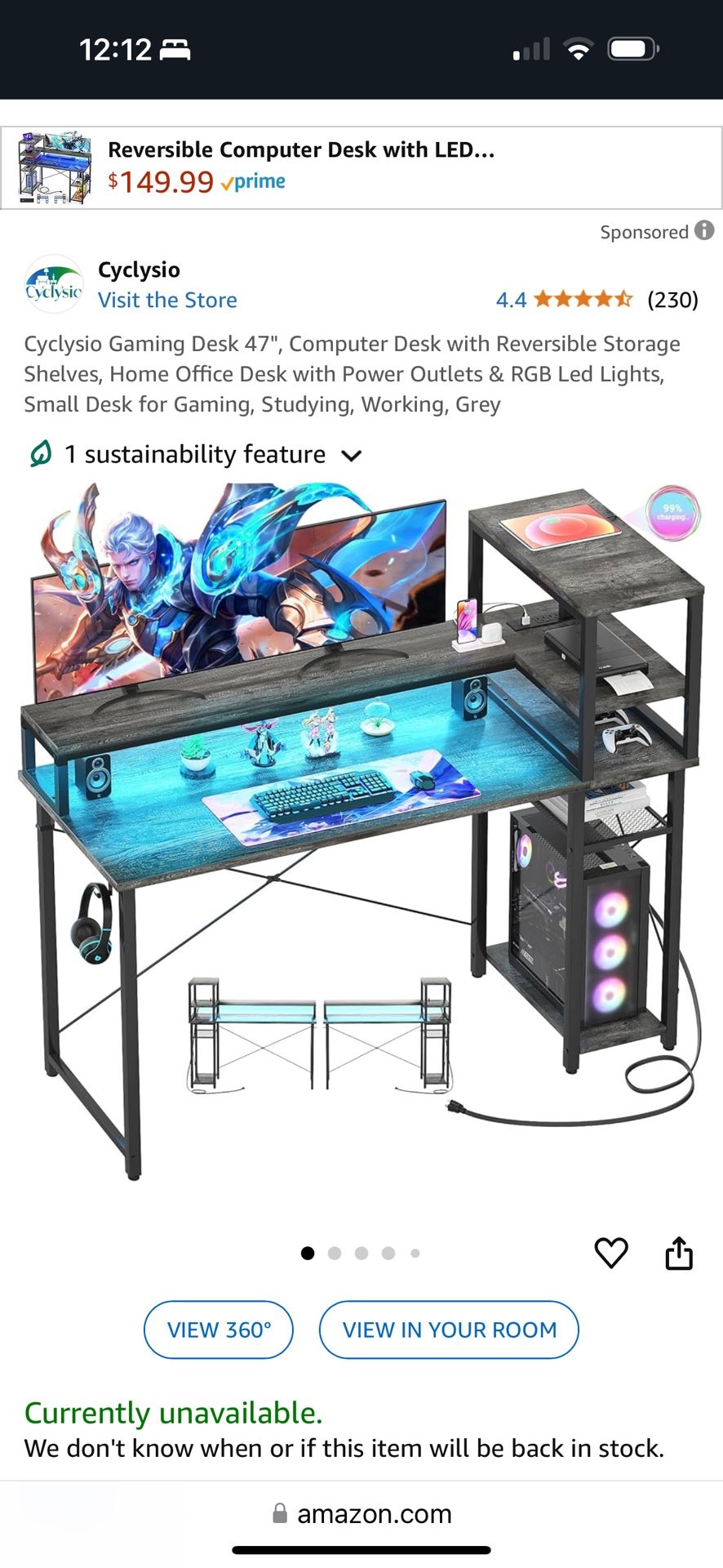 PC Computer/Gaming Desk W/LED-New