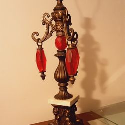 ANTIQUE  MARBLE, BRASS AND RED LUCITE  LAMPS  WITH 4 CHERUBS