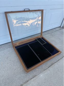 Vintage Wood Glass Top Jewelry Display Case with Removable Velvet Trays & Carry Handle