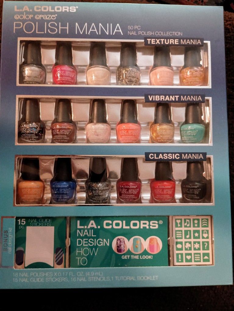 L.A.COLORS POLISH MANIA. New! 50 Piece Set/Kit. 18 Polishes, + +