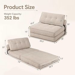3-in-1 Folding Sofa Bed with Bolster & Pillow (Beige) Convertible Sleeper Chair for Adults w/ Chenille Cover, Smooth Zipper & Anti-slip Bottom for Liv