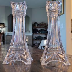 WATERFORD MARQUIS Odyssey CRYSTAL CANDLESTICK HOLDERS PAIR Eiffel Tower  7" Tall