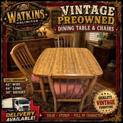 Vintage Wood Dining Table + 3 Chairs – Solid & Sturdy – Great Price!