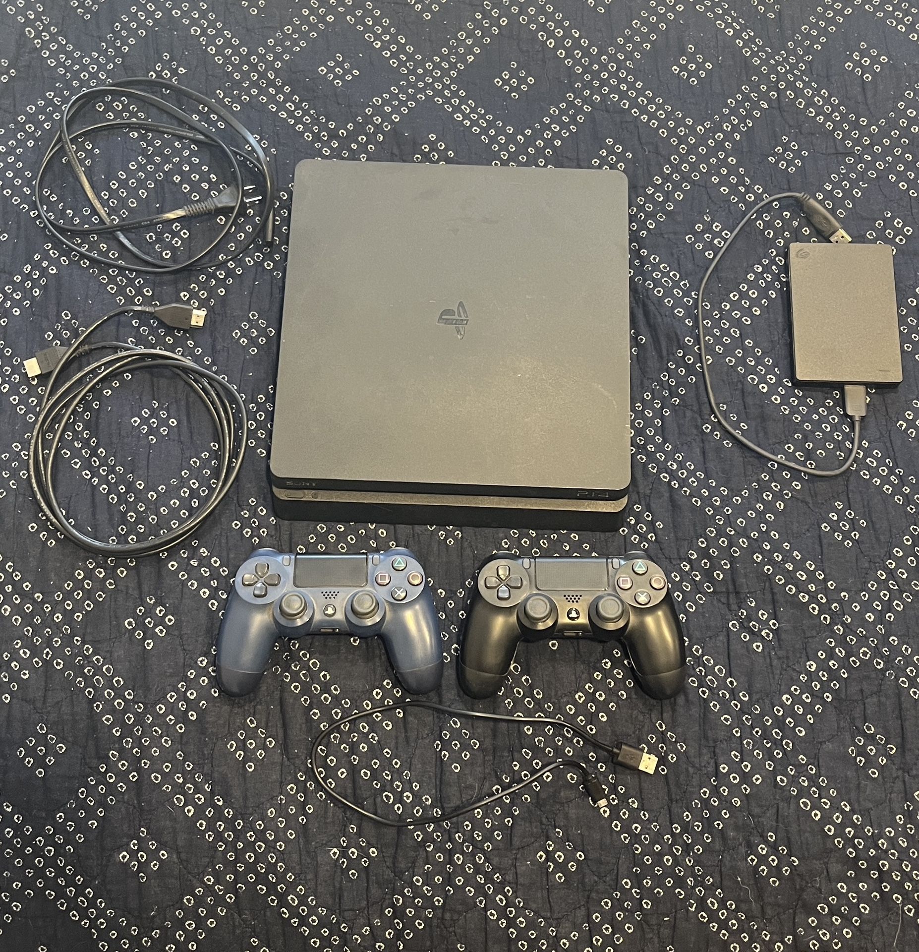 PS4 Slim Two Controllers And 2 TB External Storage
