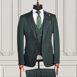 3 Pieces Suit One Button Green Color Regular Size 36 To 46