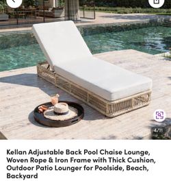 Kellan Adjustable Back Pool Chaise Lounge, Woven Rope & Iron Frame with Thick Cushion, Outdoor Patio Lounger for Poolside, Beach, Backyard