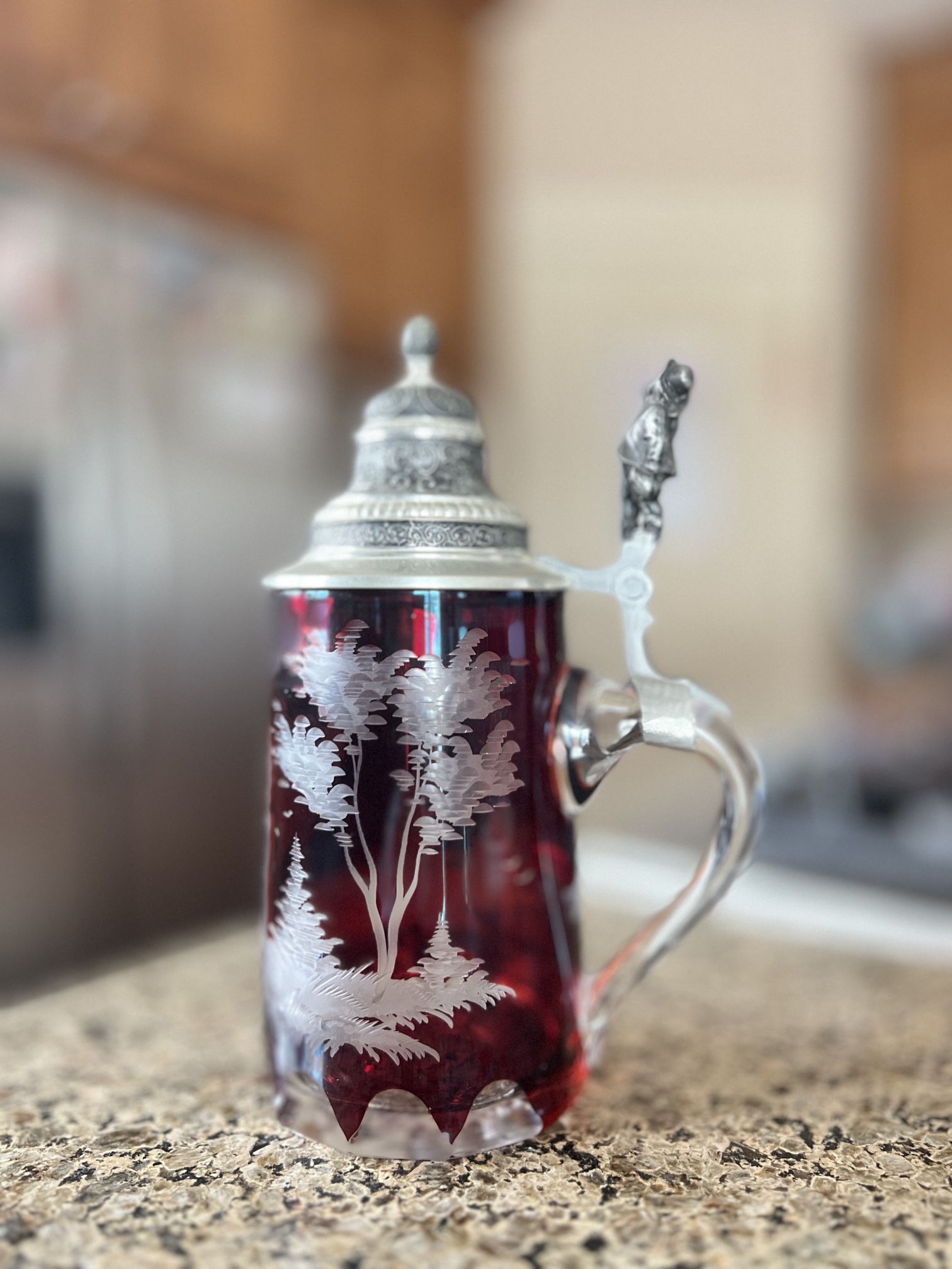 Bohemian Ruby Red Engraved Glass Beer Stein