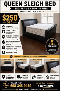 Queen Sleigh Bed Frame + Box Spring – Excellent Condition