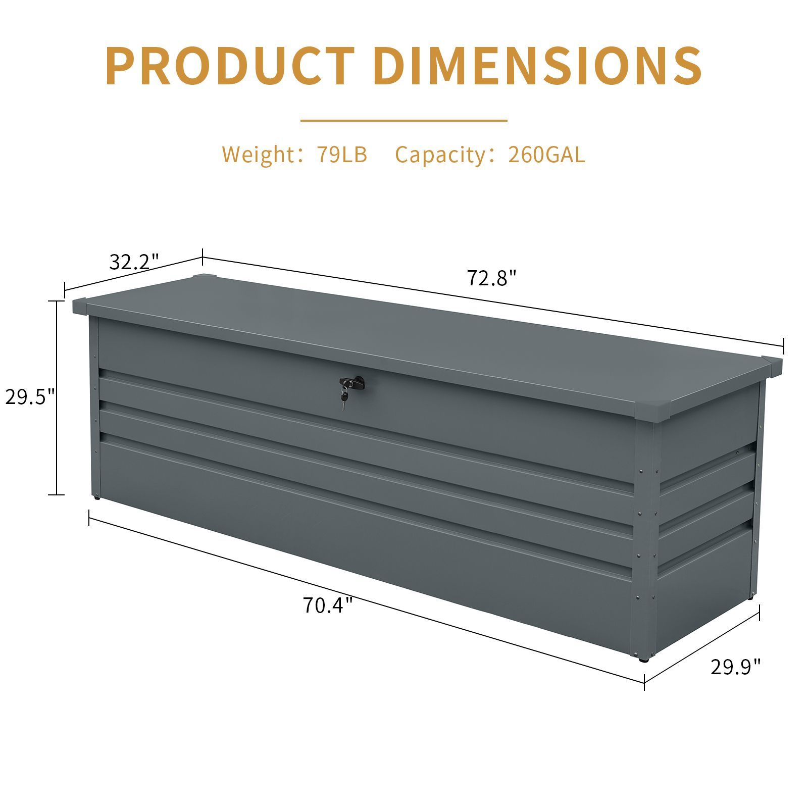 260 Gallon Metal Outdoor Deck Box Waterproof, Extra Large Patio Storage Box with Lockable Storage Containers for Patio Furniture Cushions, Pool Access