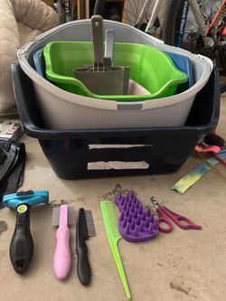 Kitty litter pans, brushes, toys