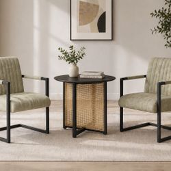 Brand New Rattan Table And 2 Leather Chairs 