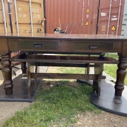 Vintage Rustic Farmhouse Dining Table With Two Benches