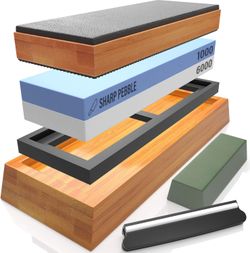 Sharp Pebble Complete Sharpening Stone Set- Dual Grit Whetstone 1000/6000 - Bamboo Leather Strop - Waterstone Knife Sharpener with Non Slip Bamboo Bas