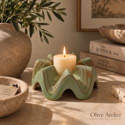 Vintage Frankoma Pottery Candle Holder - Green & Brown Glaze