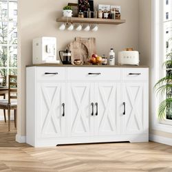 Assembled Buffet Cabinet with 3 Drawers and 4 Doors, 55.1” W Kitchen Sideboard Storage Cabinet with Adjustable Shelves, Farmhouse Coffee Bar Cabinet f