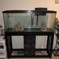55 GALLON TANK W/ STAND, CABINET, FILTER, HEATER, AIR PUMP, DECORATIONS, HOODS, LIGHT, SO MUCH MORE!