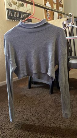 Gray Cropped Turtleneck Waffle Knit Top