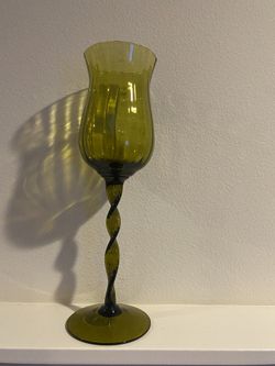 Emboli Green Glass Vase Flared Avocado Twisted Stem Optic Vintage 14” Tall. 