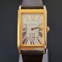 VTG Hamilton 15J No.0268 Registered Gold Tone Roman Numerals Tank Watch RUNS
