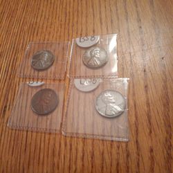 Set Of Four 1943 Steel Wheat Pennies, World War Two Era Coins
