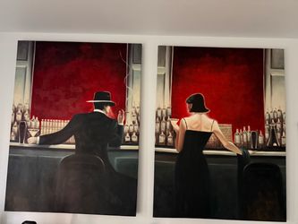 Set of 2 Large Hand-Painted Bar Scene Canvas Paintings – 30” x 40” Each