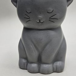 Grey gray ceramic meow kitty cat planter candle makeup flower vase holder home decor. There was candle inside and a little of it is still inside.  It 