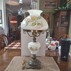 Vintage Hurricane Hand Painted Milk Glass Electric Lamp - Gone With the Wind Style