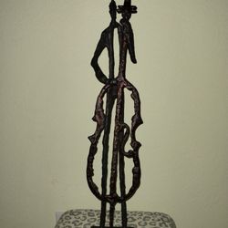 LARGE 27" Vintage GIACOMETTI STYLE BASS PLAYER ART SCULPTURE Brutalist MCM Metal
