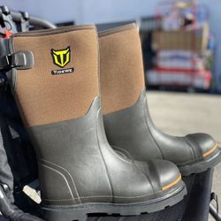 NEW TideWe Rubber Work Boots For Men-Steel Toe+Waterproof-Size 8 Brown/Black