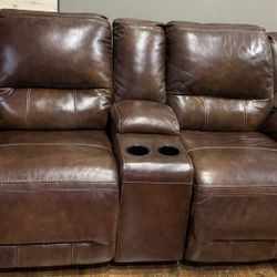 Genuine Leather Recliner Loveseat with USB Port And Cup Holders